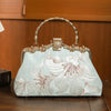 Luxury Floral Embroidered Brocade Shell Bag with Metal Handle | Silk Thread Embroidery Handbag