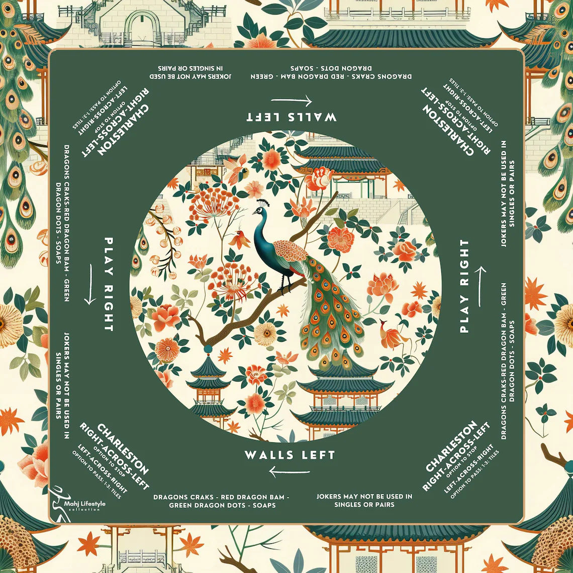 Elegant Jade Peacock Chinoiserie Mahjong Mat