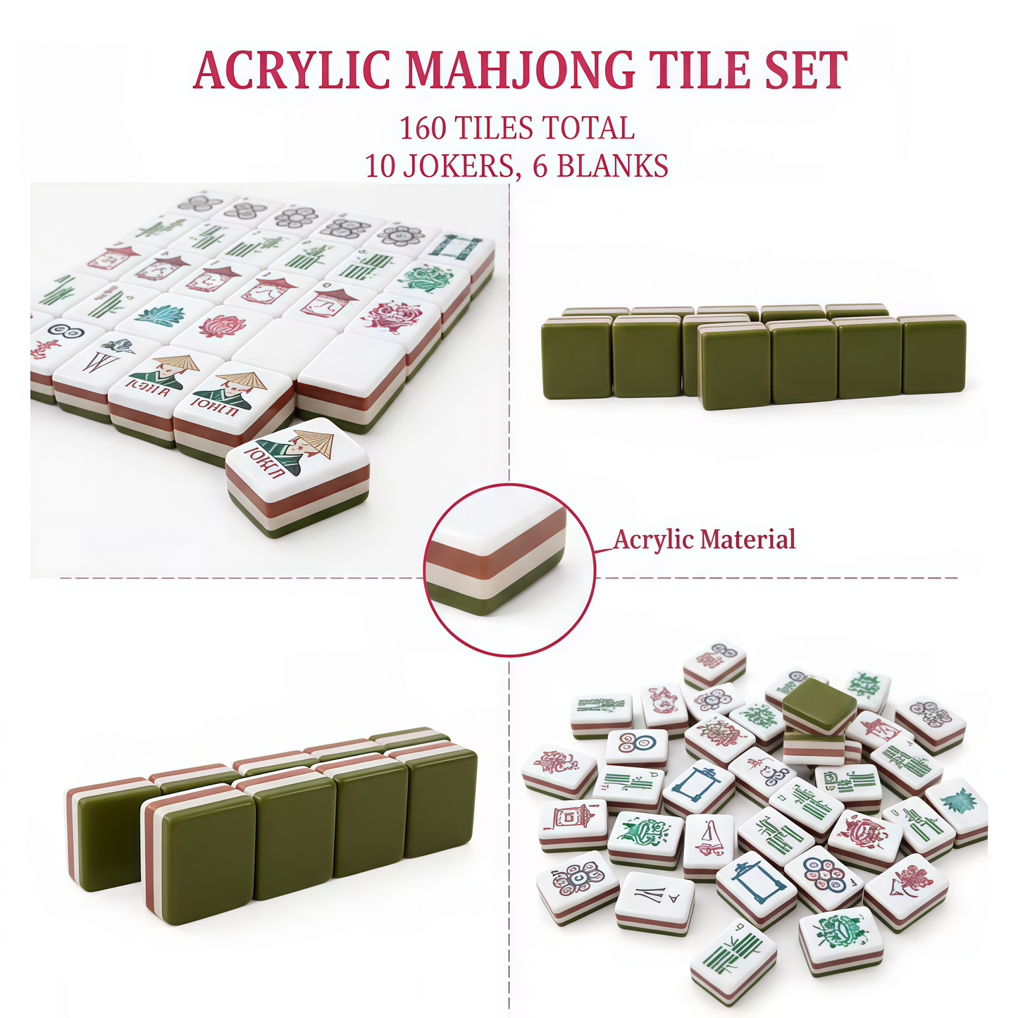 Olive Green 4-Layer Acrylic Mahjong Tiles