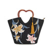 Embroidered Lily Flower Wooden-Handle Tote Bag – Vintage Oriental Style Handbag